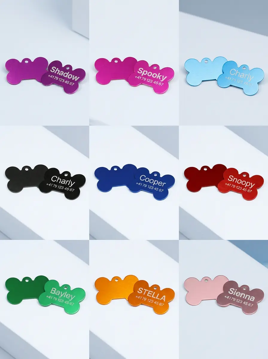 Bone-shaped aluminium dog tag with personalised laser engraving